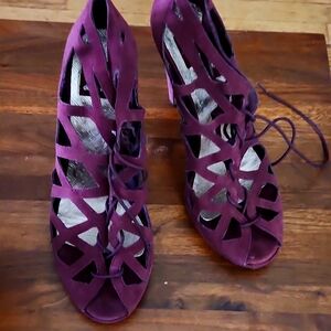 Grape suede gladiator stilettos
